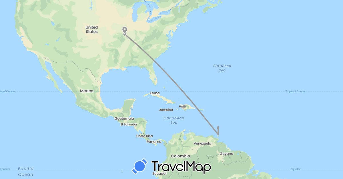TravelMap itinerary: driving, plane, boat in Trinidad and Tobago, United States, Saint Vincent and the Grenadines (North America)